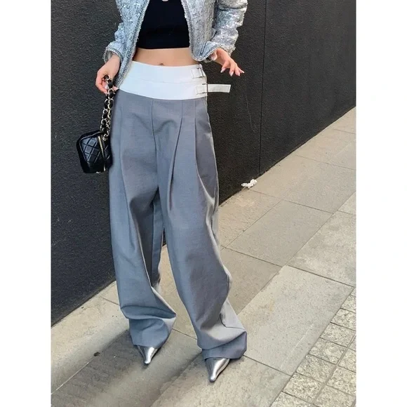 double waist contrast colorwide leg pants